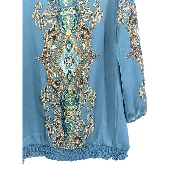 Roz & Ali Womens Boho 1X Teal Baroque Print Blouse 3/4 Sleeve Bubble Hem Top - Picture 5 of 16